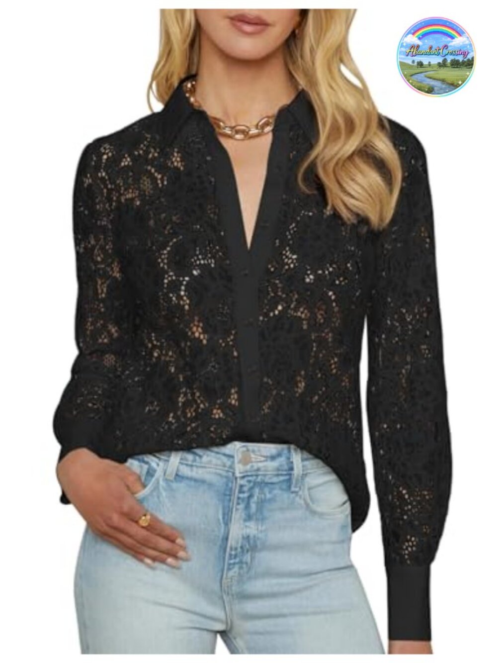 Lace Blouse Sheer Long Sleeve Button Down Top